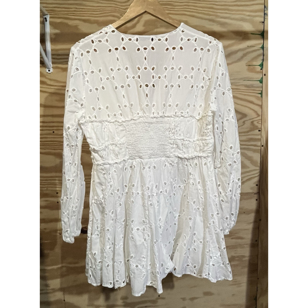 Zara White Eyelet Babydoll Mini Dress Womens XL Empire Waist Boho Festival - Picture 4 of 16